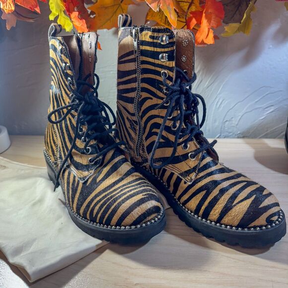 AQUA Jax (AQ-JAX) Zebra Print Calf Hair Combat Boots | Stud Trim | Size 8.5 - Picture 1 of 9